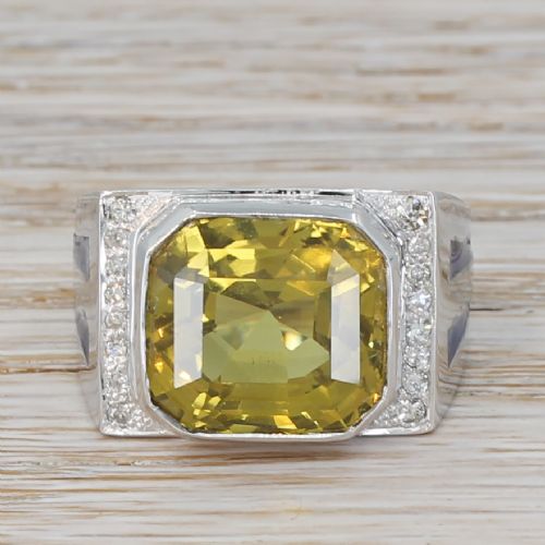 fig 1. Art Deco 12.87 Carat Natural Greenish Yellow Sapphire Solitaire Ring, circa 1945