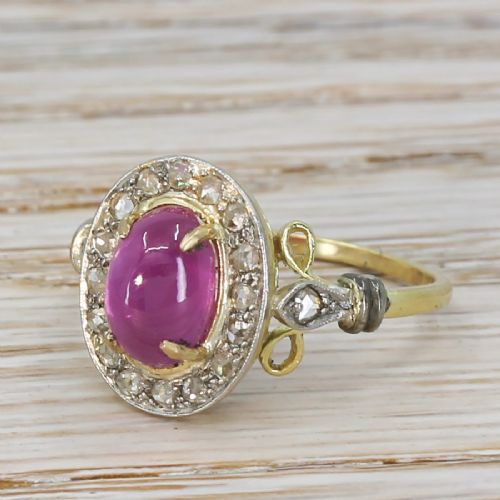 Edwardian 3.17 Carat Cabochon Ruby & Rose Cut Diamond Ring, Circa 1910