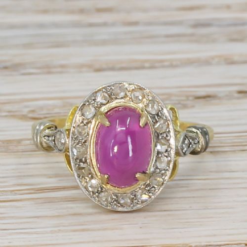 fig 1. Edwardian 3.17 Carat Cabochon Ruby & Rose Cut Diamond Ring, circa 1910