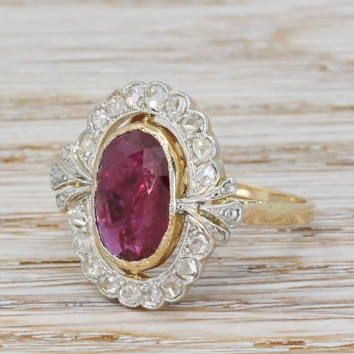 Mid Century 2.87 Carat Ruby & Rose Cut Diamond Cluster Ring, Circa 1950