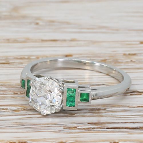 0.81 Carat Old European Cut Diamond & Emerald Ring, Platinum