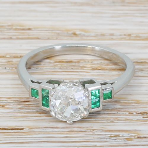 fig 1. 0.81 Carat Old European Cut Diamond & Emerald Ring, Platinum