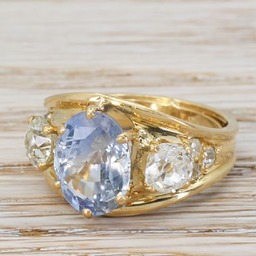 Mid Century 3.81 Carat Sapphire & 1.25 Carat Old Cut Diamond Trilogy Ring, Circa 1955