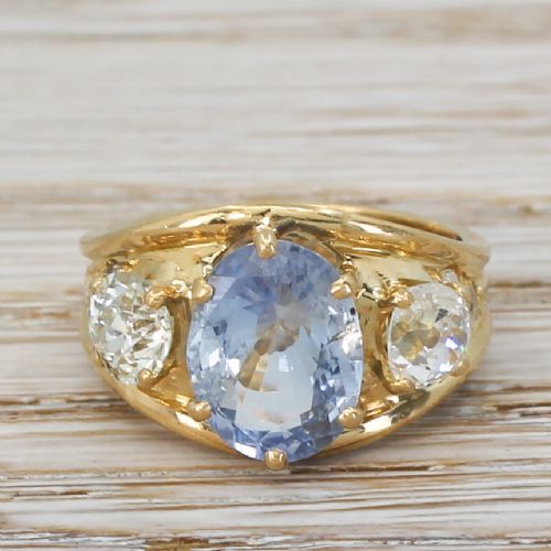 fig 1. Mid Century 3.81 Carat Sapphire & 1.25 Carat Old Cut Diamond Trilogy Ring, circa 1955