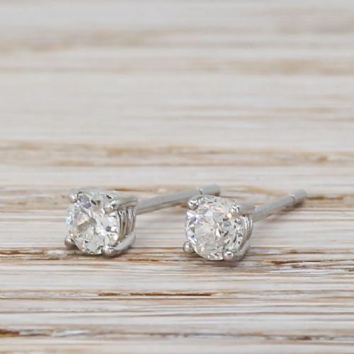0.50 Carat Old Cut Diamond Stud Earrings, 18k White Gold