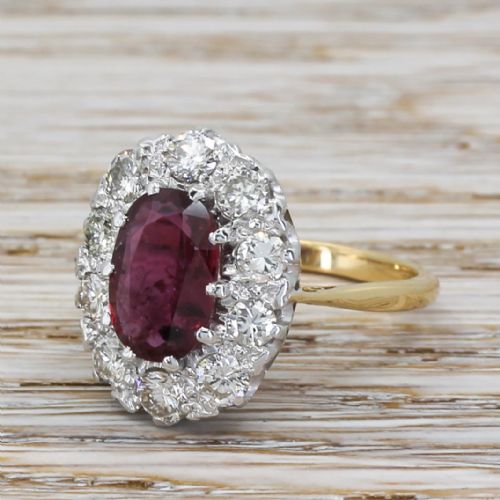 Mid Century 2.56 Carat Ruby & 1.10 Carat Diamond Cluster Ring, Circa 1965