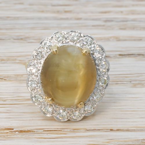 fig 1. Mid Century 17.31 Carat Cat's Eye Chrysoberyl & Diamond Cluster Ring, circa 1965