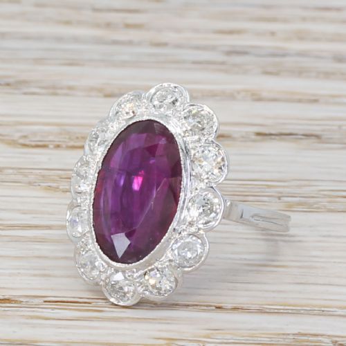 Mid Century 3.84 Carat Ruby & 1.48 Carat Diamond Cluster Ring, Circa 1960