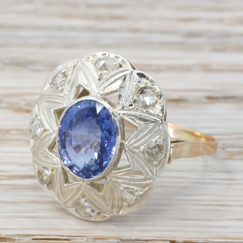 Mid Century 3.00 Carat Sapphire & Rose Cut Diamond Ring, Circa 1945