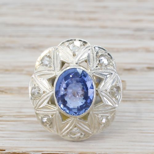 fig 1. Mid Century 3.00 Carat Sapphire & Rose Cut Diamond Ring, circa 1945