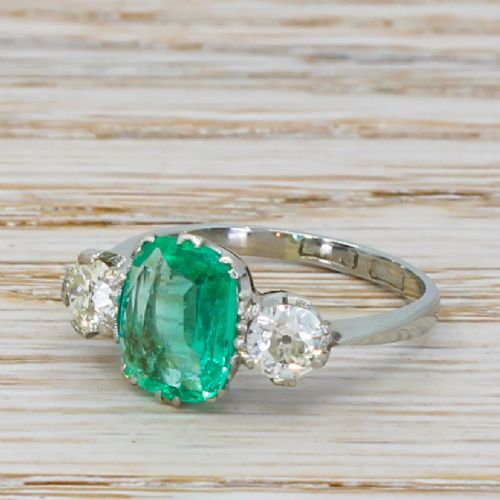 Art Deco 1.05 Carat Emerald & 0.53 Carat Old Cut Diamond Trilogy Ring, Circa 1925