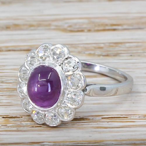 Art Deco 2.74 Carat Cabochon Ruby & Old Cut Diamond Cluster Ring, Circa 1930