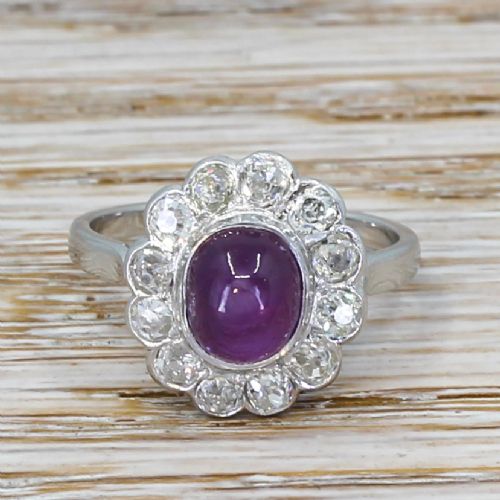 fig 1. Art Deco 2.74 Carat Cabochon Ruby & Old Cut Diamond Cluster Ring, circa 1930