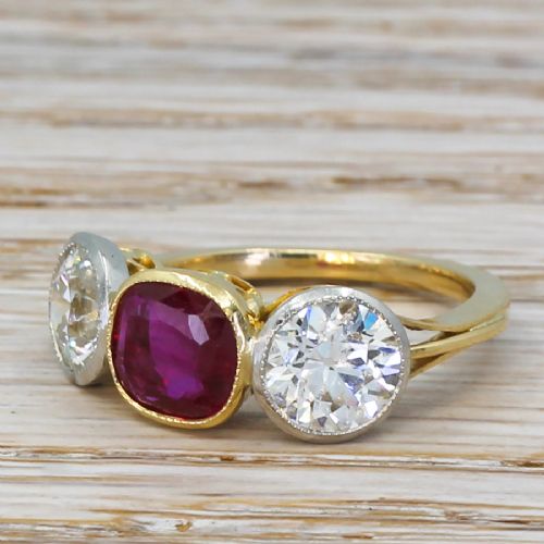 Art Deco 1.46 Carat Burmese Ruby & 2.13 Carat Old Cut Diamond Ring, Circa 1930
