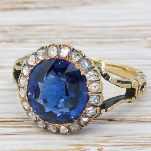 Victorian 3.40 Carat Sapphire & Rose Cut Diamond Cluster Ring, Circa 1890