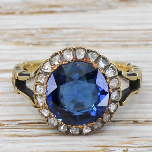 fig 1. Victorian 3.40 Carat Sapphire & Rose Cut Diamond Cluster Ring, circa 1890