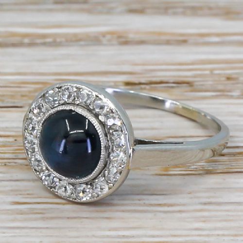 Art Deco 1.86 Carat Cabochon Sapphire & Old Cut Diamond Ring, Circa 1925