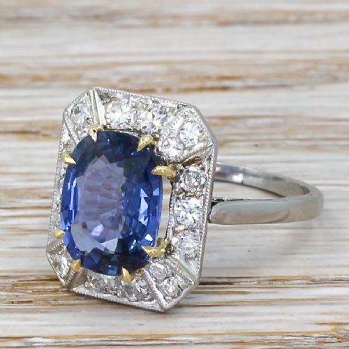 Art Deco 3.44 Carat Natural Sapphire & Diamond Ring, Circa 1930