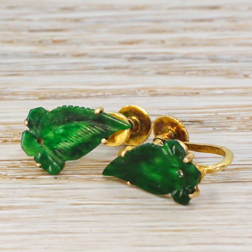 Mid Century Imperial Jade Leaf Earrings, Circa 1950