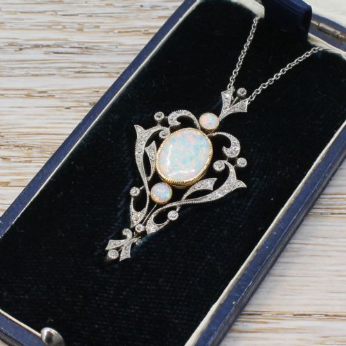 Art Nouveau Opal & Old Cut Diamond Pendant, Circa 1905