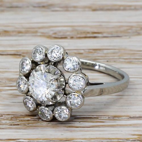 Mid Century 1.34 Carat Transitional Cut Diamond Cluster Ring, Circa 1960
