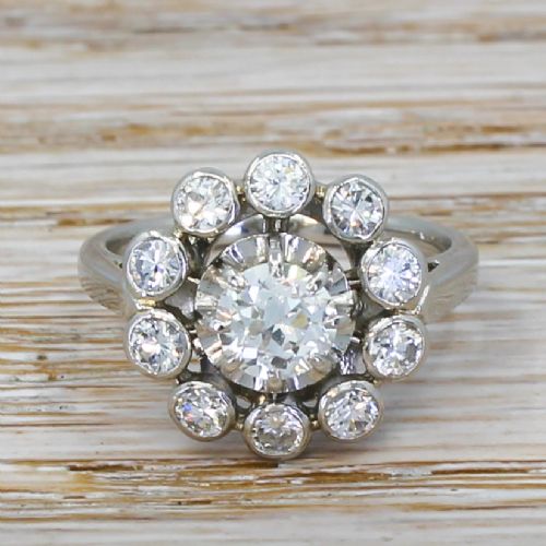 fig 1. Mid Century 1.34 Carat Transitional Cut Diamond Cluster Ring, circa 1960