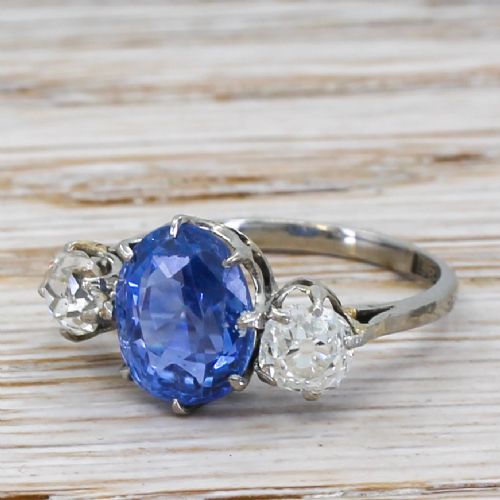 Art Deco 2.55 Carat Sapphire & 0.75 Carat Old Cut Diamond Ring, Circa 1940