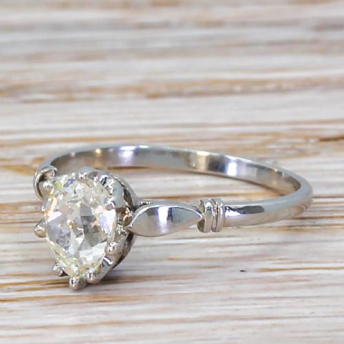 Art Deco 0.80 Carat Old Pear Cut Diamond Engagement Ring, Circa 1920