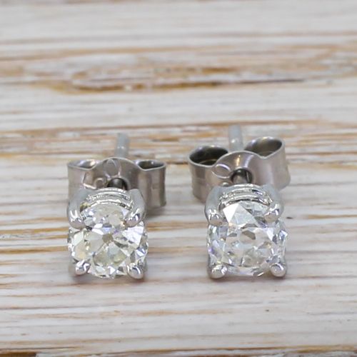 0.93 Carat Old Cut Diamond Stud Earrings, 18k White Gold