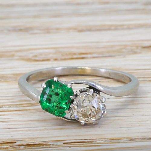 fig 1. Art Deco 0.74 Carat Old Cut Diamond & Emerald Crossover Ring, circa 1930
