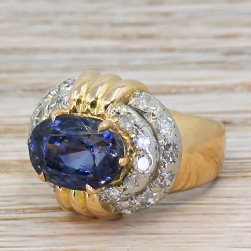 Art Deco 6.55 Carat Natural Ceylon Sapphire & Diamond Ring, Circa 1945