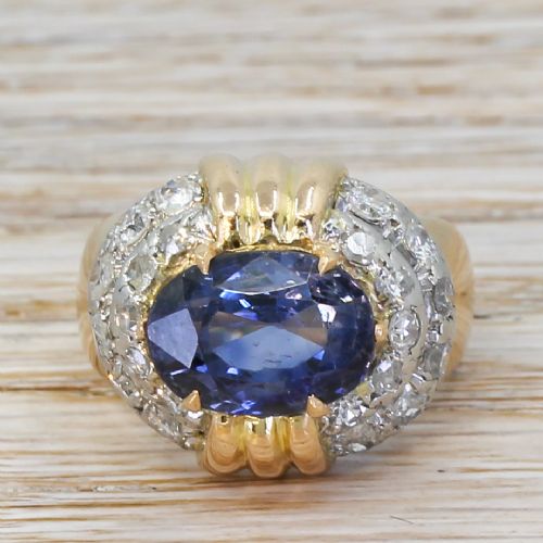 fig 1. Art Deco 6.55 Carat Natural Ceylon Sapphire & Diamond Ring, circa 1945