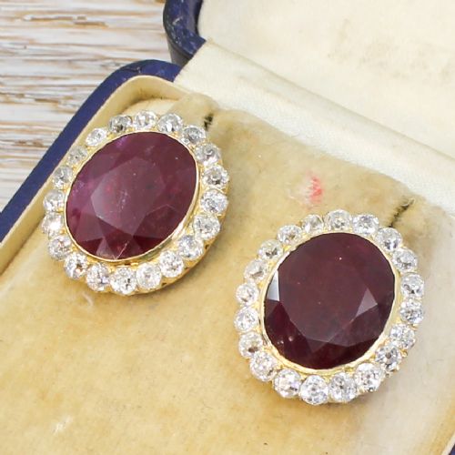 Victorian 18.13 Carat Natural Ruby & Old Cut Diamond Earrings, Circa 1890