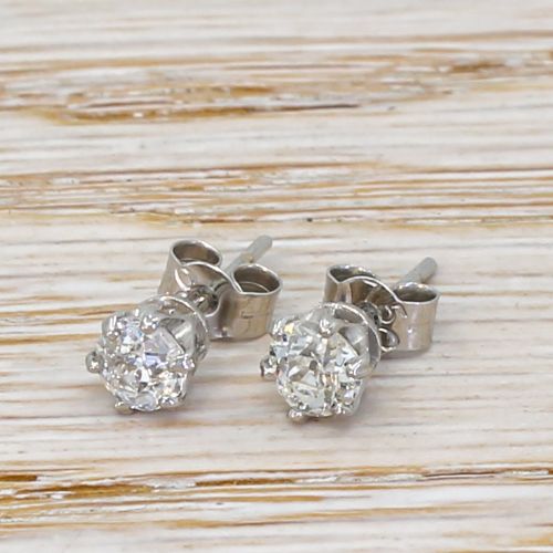 0.81 Carat Old Cut Diamond Stud Earrings, 18k White Gold
