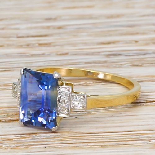 Art Deco 2.50 Carat Rectangular Cut Natural Sapphire Solitaire Ring, Circa 1940