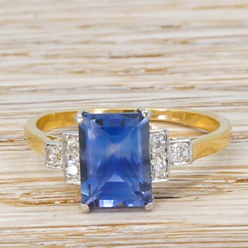 fig 1. Art Deco 2.50 Carat Rectangular Cut Natural Sapphire Solitaire Ring, circa 1940