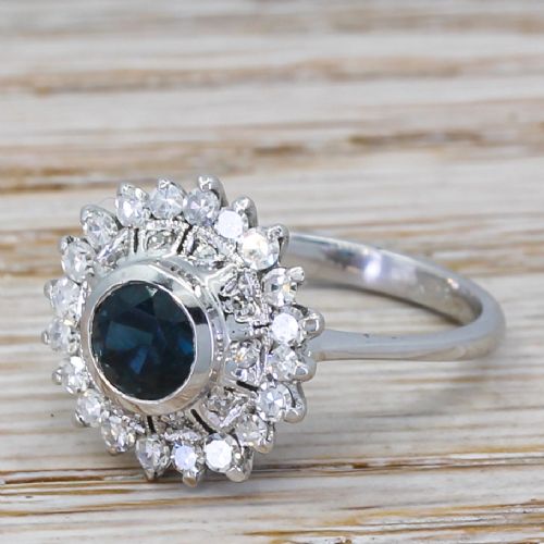 Mid Century 0.91 Carat Sapphire & Diamond Cluster Ring