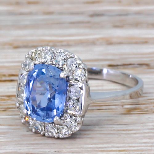 Art Deco 3.00 Carat Natural Ceylon Sapphire & Diamond Ring, Circa 1930