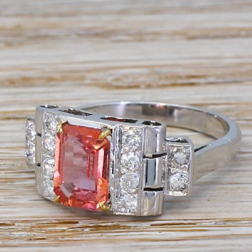 Art Deco 1.91 Carat Padaparadscha Sapphire & Diamond Ring, Circa 1940