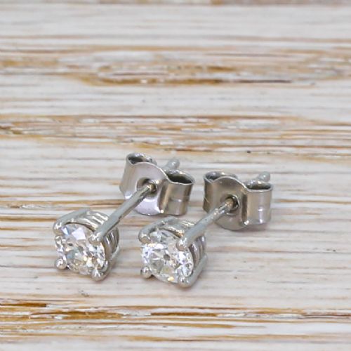 0.50 Carat Old Cut Diamond Stud Earrings, Platinum