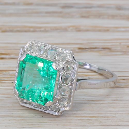 Art Deco 2.97 Carat Emerald & Rose Cut Diamond Cluster Ring, Circa 1935