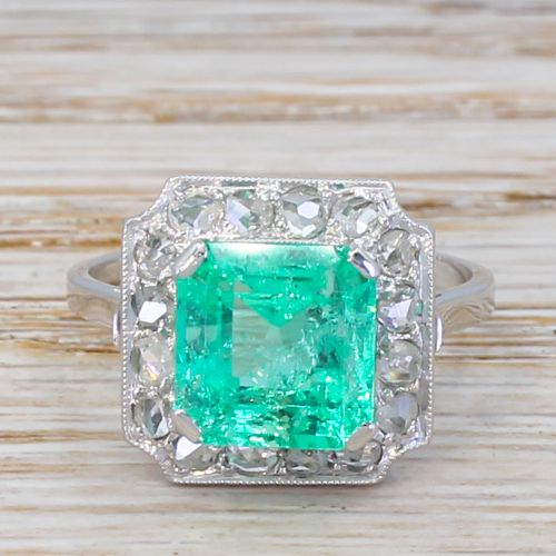 fig 1. Art Deco 2.97 Carat Emerald & Rose Cut Diamond Cluster Ring, circa 1935