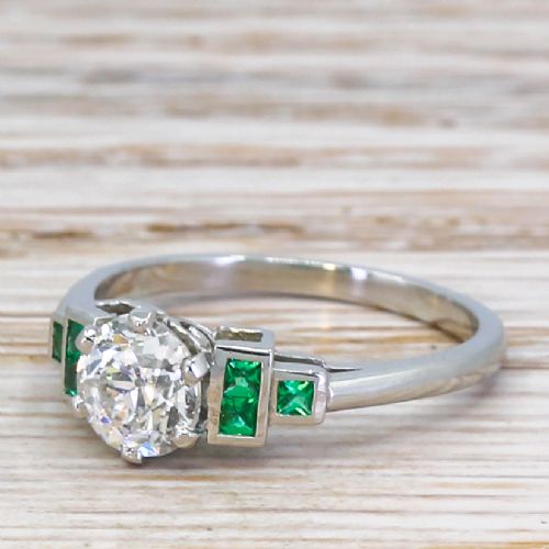 0.85 Carat Old European Cut Diamond & Emerald Ring, Platinum