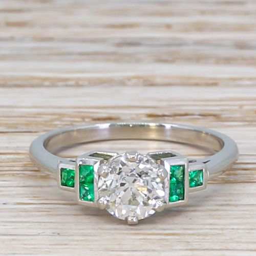 fig 1. 0.85 Carat Old European Cut Diamond & Emerald Ring, Platinum