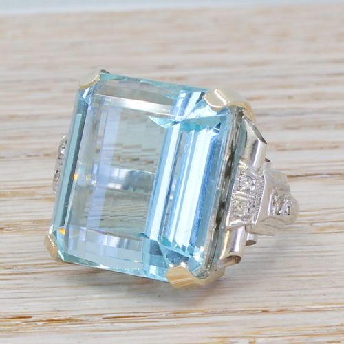 Mid Century 33.44 Carat Emerald Cut Aquamarine Ring, Circa 1950