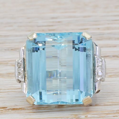fig 1. Mid Century 33.44 Carat Emerald Cut Aquamarine Ring, circa 1950