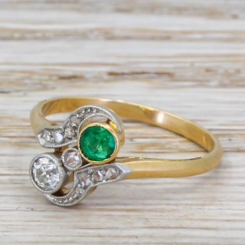 Art Nouveau Old Cut Diamond & Emerald Toi Et Moi Ring, Circa 1910