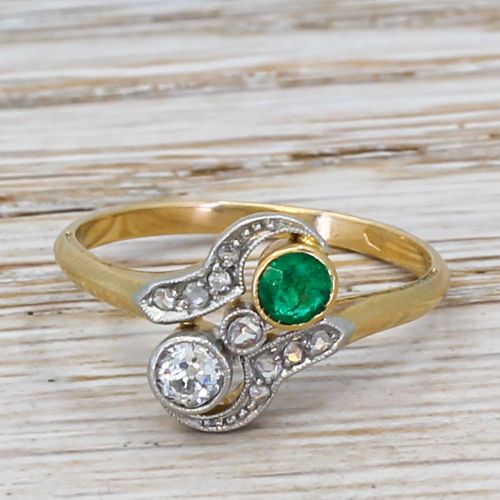 fig 1. Art Nouveau Old Cut Diamond & Emerald Toi Et Moi Ring, circa 1910