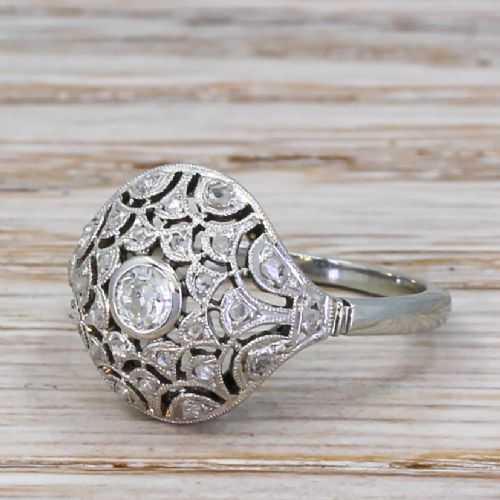 Art Deco 0.40 Carat Old Cut Diamond Bombé Cluster Ring, Circa 1935