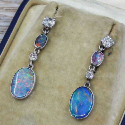 Mid Century 1.50 Carat Black Opal & 0.91 Carat Diamond Drop Earrings, Circa 1960